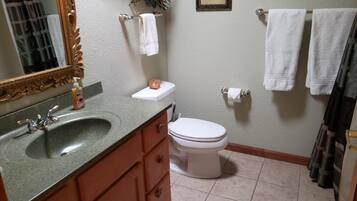 Een bad/douchecombinatie, een bubbelbad, een haardroger, handdoeken