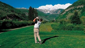 A person playing golf on a green field with mountains in the background.