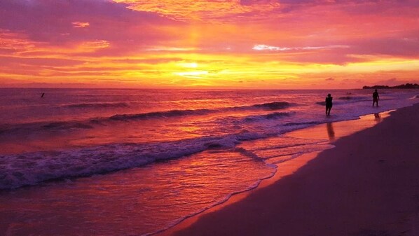 A beach scene with waves and a sunset.