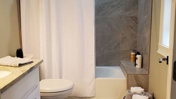 Combined shower/tub, hair dryer, towels, soap