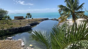 A clear view of a beach with a small water channel, a wooden bench, and palm trees.