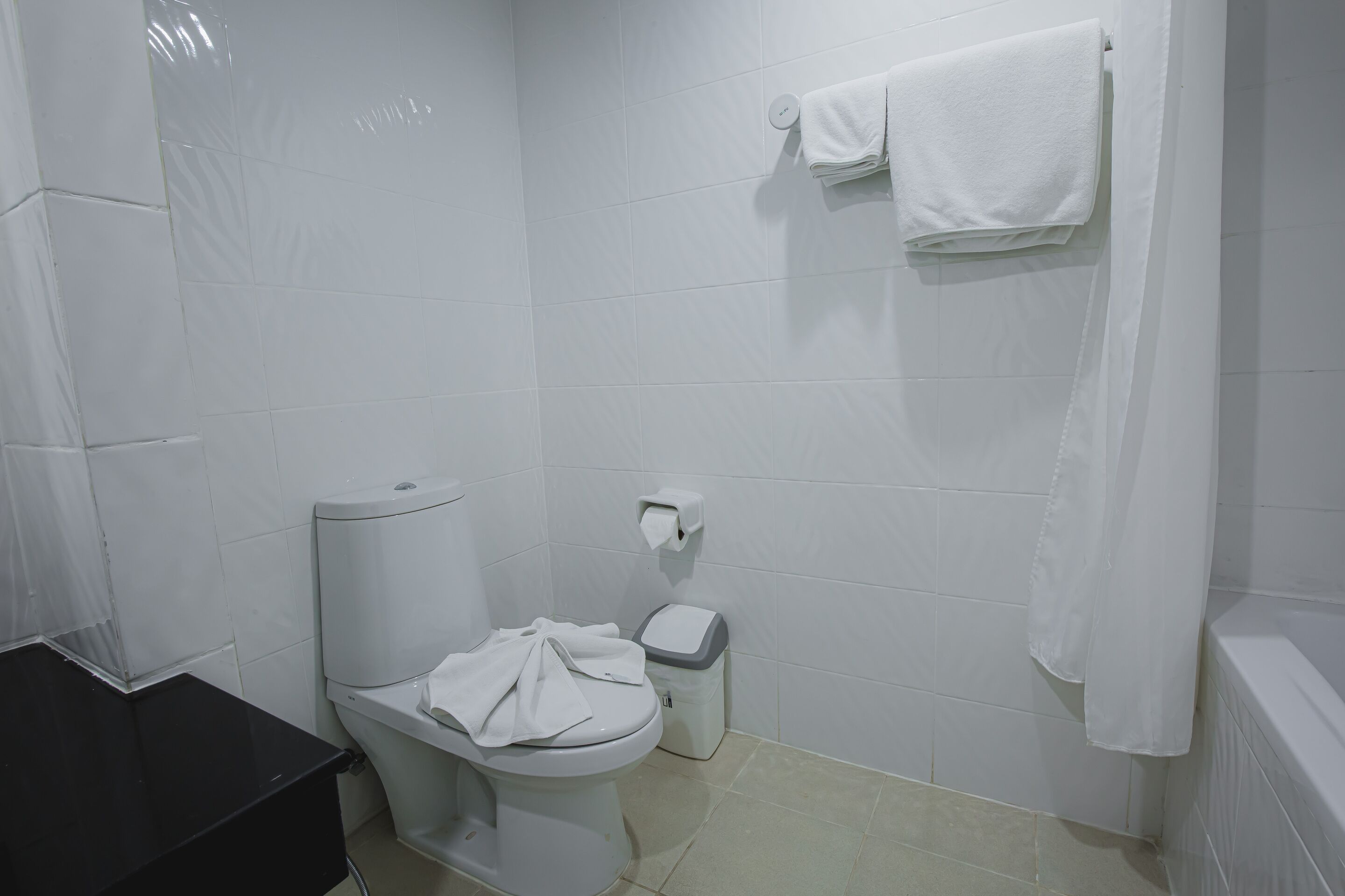 Une salle de bain équipée de toilettes, d’une poubelle, d’un porte-serviettes et d’une baignoire.