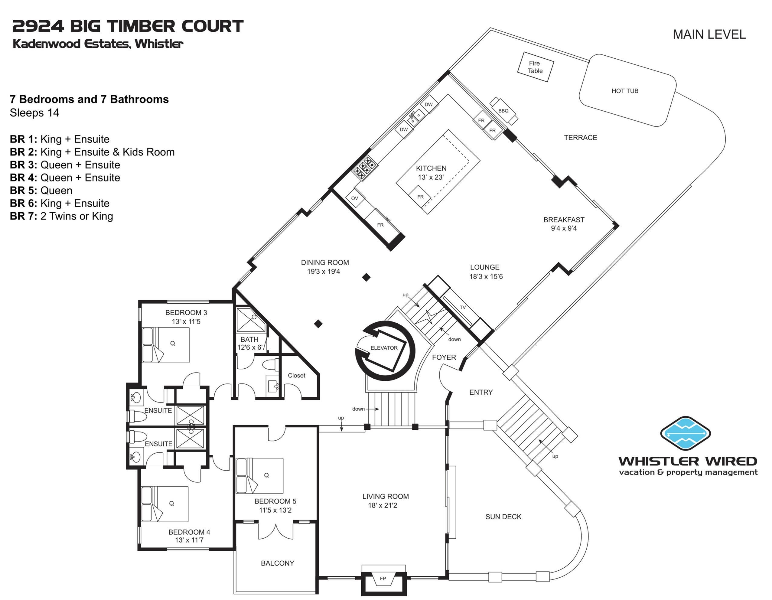 A floor plan of 2924 Big Timber Court, including bedrooms, bathrooms, a kitchen, dining room, lounge, living room, balcony, and a sun deck.