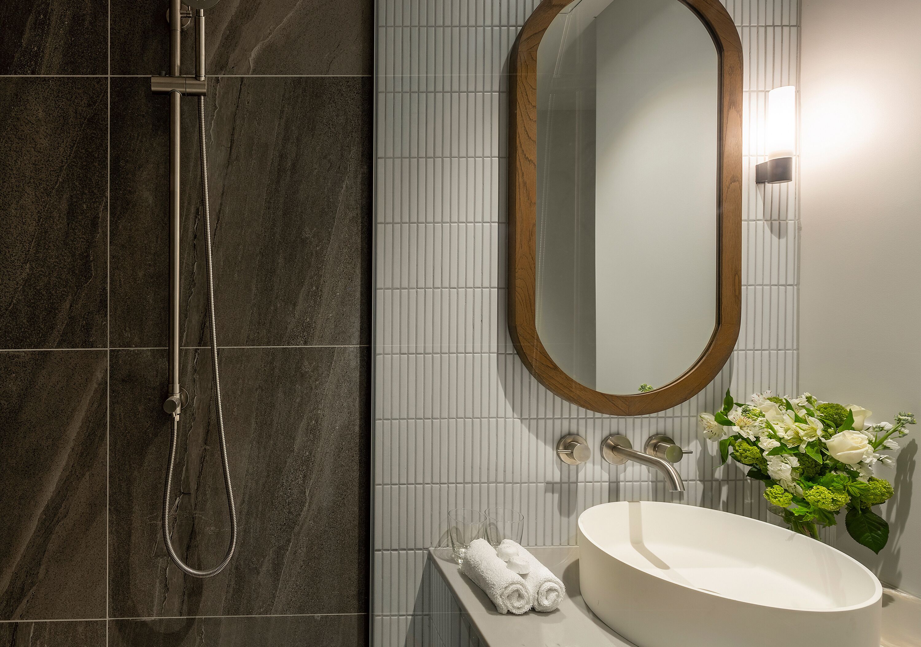 shower, eco-friendly toiletries, hair dryer, towels