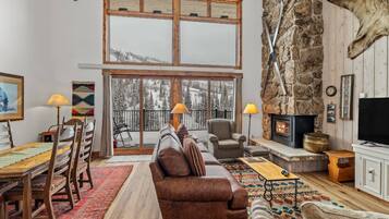 Smart TV, fireplace, books