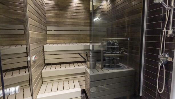 A modern sauna with wooden benches, a glass door, and a shower area.