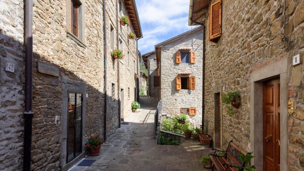 A narrow stone-paved alleyway with buildings on either side, some with wooden shutters and potted plants. - Borgo dei Corsi - VERGAIO 6 Apartment (Raggiolo)