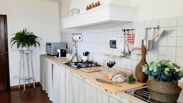 Een koelkast, een oven, een kookplaat, een vaatwasser