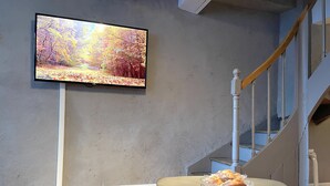 Huoneessa on televisio, jossa näkyy luontokuva, pieni pöytä, jonka päällä on leivonnaisia, ja valkoinen pöytä, jonka päällä on kaukosäädin.