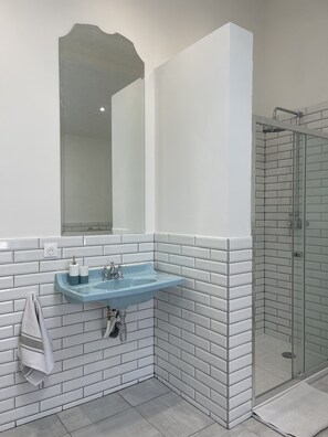 Tina, toallas, jabón, papel de baño 