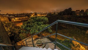 Escada com grades de metal que leva a um nível superior, cercada por vegetação e uma vista urbana noturna.