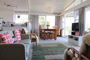 Smart TV, fireplace, books, video library