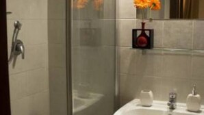 A bathroom with a glass shower enclosure, a white sink, and a vase with flowers. - Sui Tetti di Napoli - panoramic terrace 2 (Napoli)
