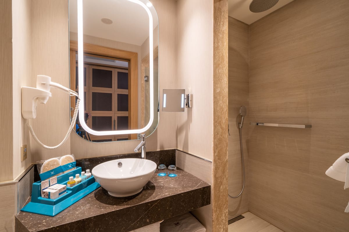 Une salle de bain avec un comptoir en marbre, un lavabo blanc, un miroir, une douchette à main et un porte-serviettes.