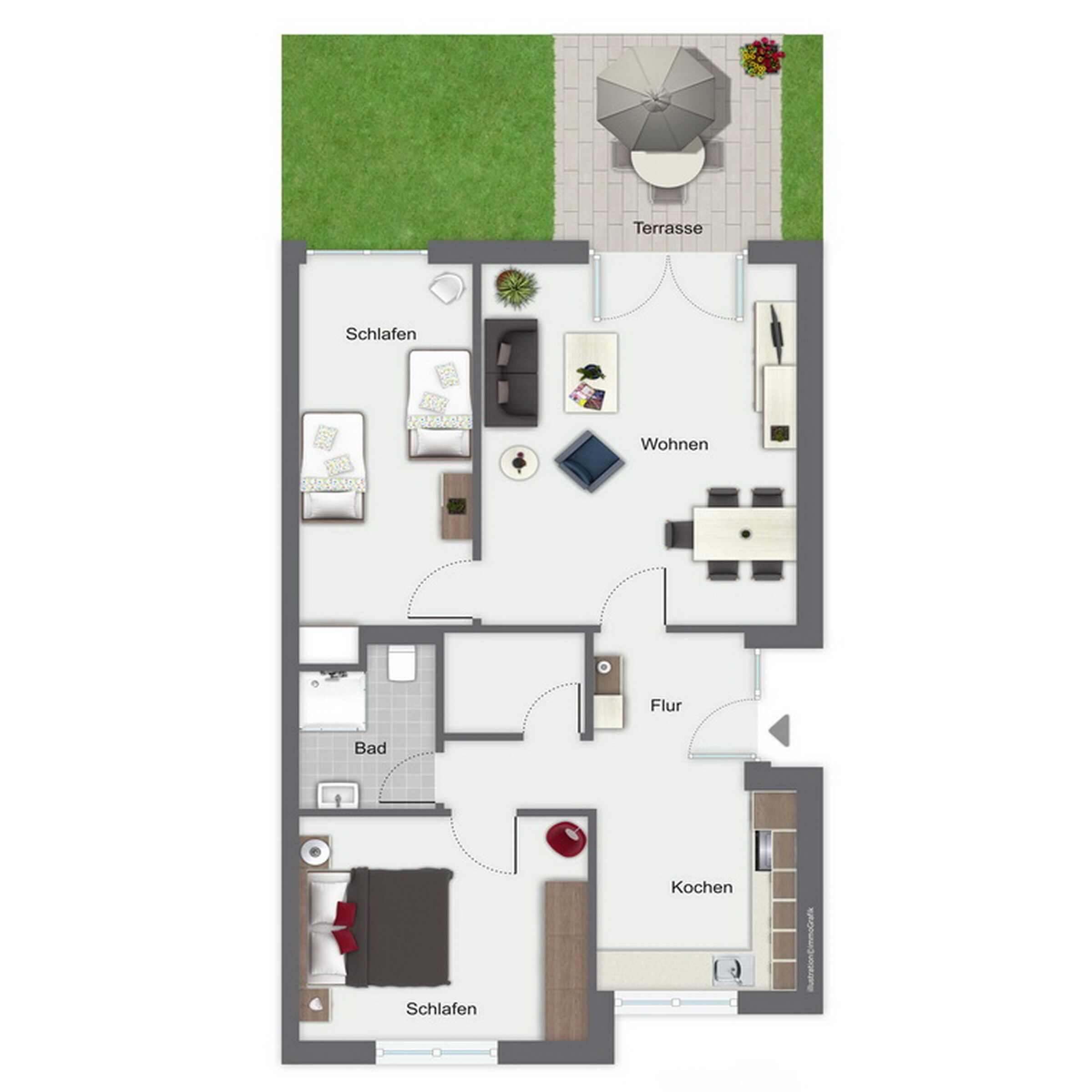 Planta baixa de um hotel com dois quartos, sala de estar, sala de jantar, cozinha, banheiro e terraço.