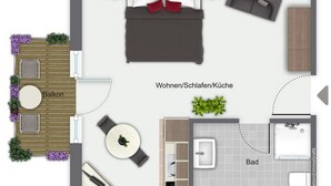 Distribución de una habitación de hotel con balcón, zona de estar, dormitorio con cama y escritorio, baño y cocina.