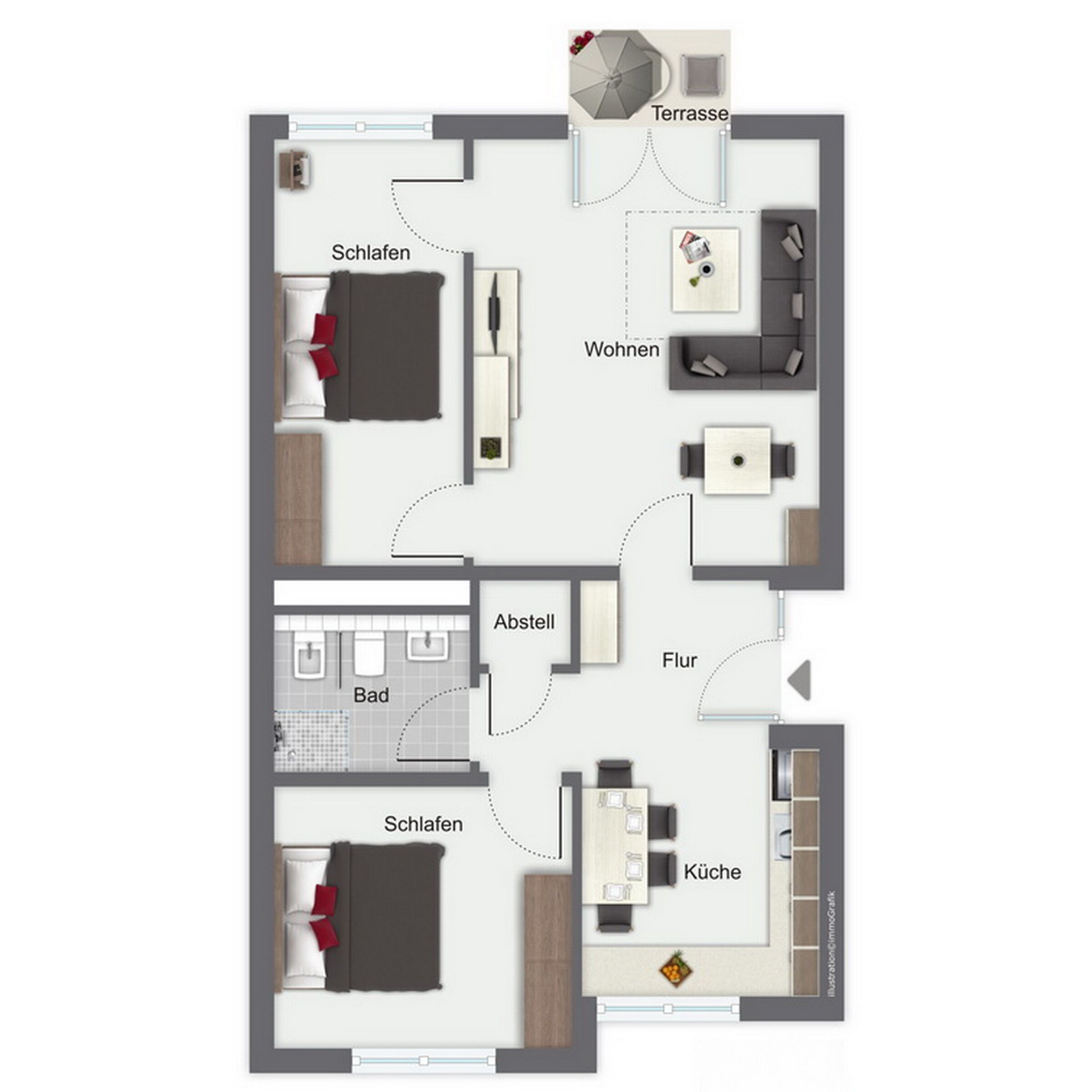 Planta de um hotel com quarto, banheiro, terraço, sala de estar e cozinha.