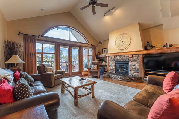 Télévision, cheminée, lecteur de DVD, espaces bureaux