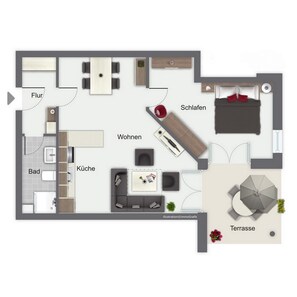 Grundriss eines Hotelzimmers mit Wohnbereich, Küche, Bad und Terrasse.