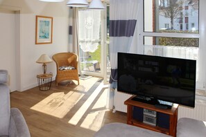 Televisión, reproductor de DVD, libros y estéreo 