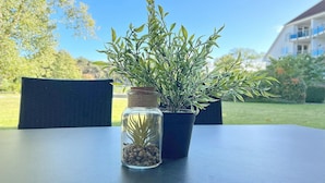 A glass terrarium with a plant and pebbles on a table, next to a potted plant. - Likedeeler Wohnung 06 (Ostseebad Boltenhagen)