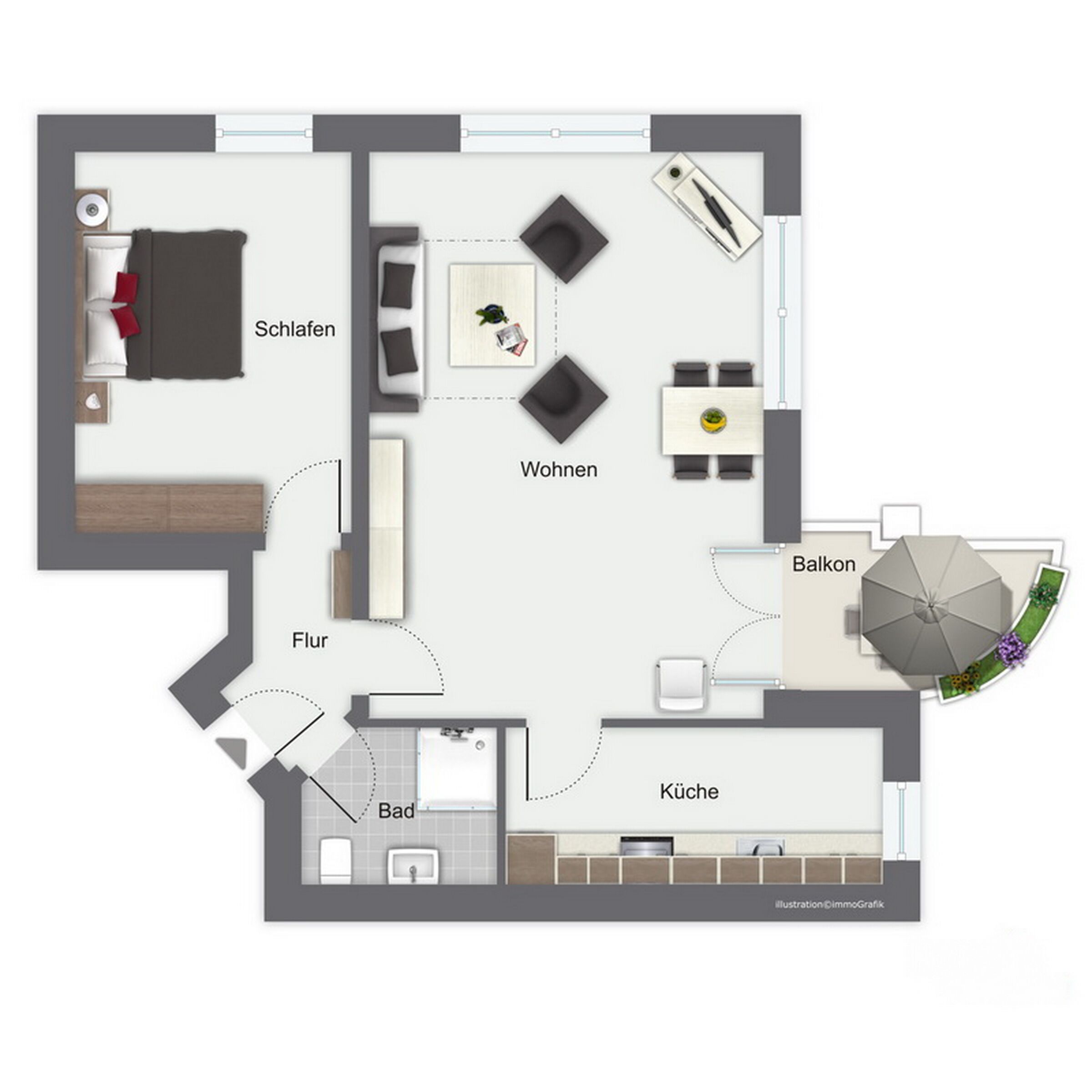 Plano de planta que muestra una sala de estar, comedor, cocina, baño y balcón.