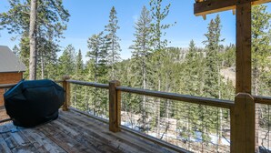 Une terrasse en bois avec une rambarde en métal donnant sur une zone boisée.