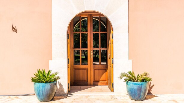A large wooden door with glass panels, flanked by two potted plants, leading to a building with a light-colored facade. - Country house in Mallorca Cas Cuni with pool (Felanitx)