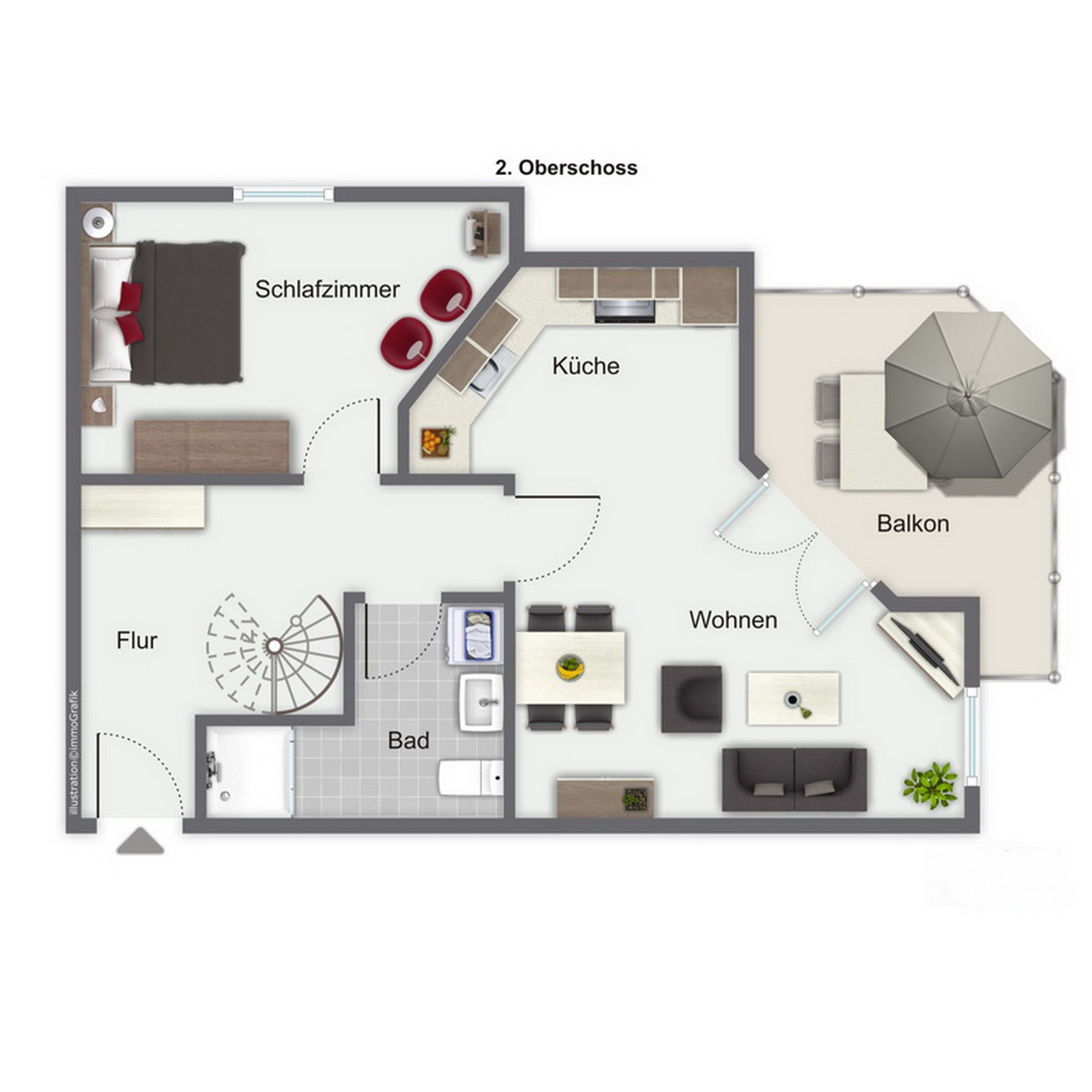 Un plan d’étage d’un hôtel comprenant un salon, une cuisine, un balcon, une salle de bain et une chambre.