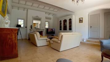 Télévision, cheminée, livres, chaßne hi-fi