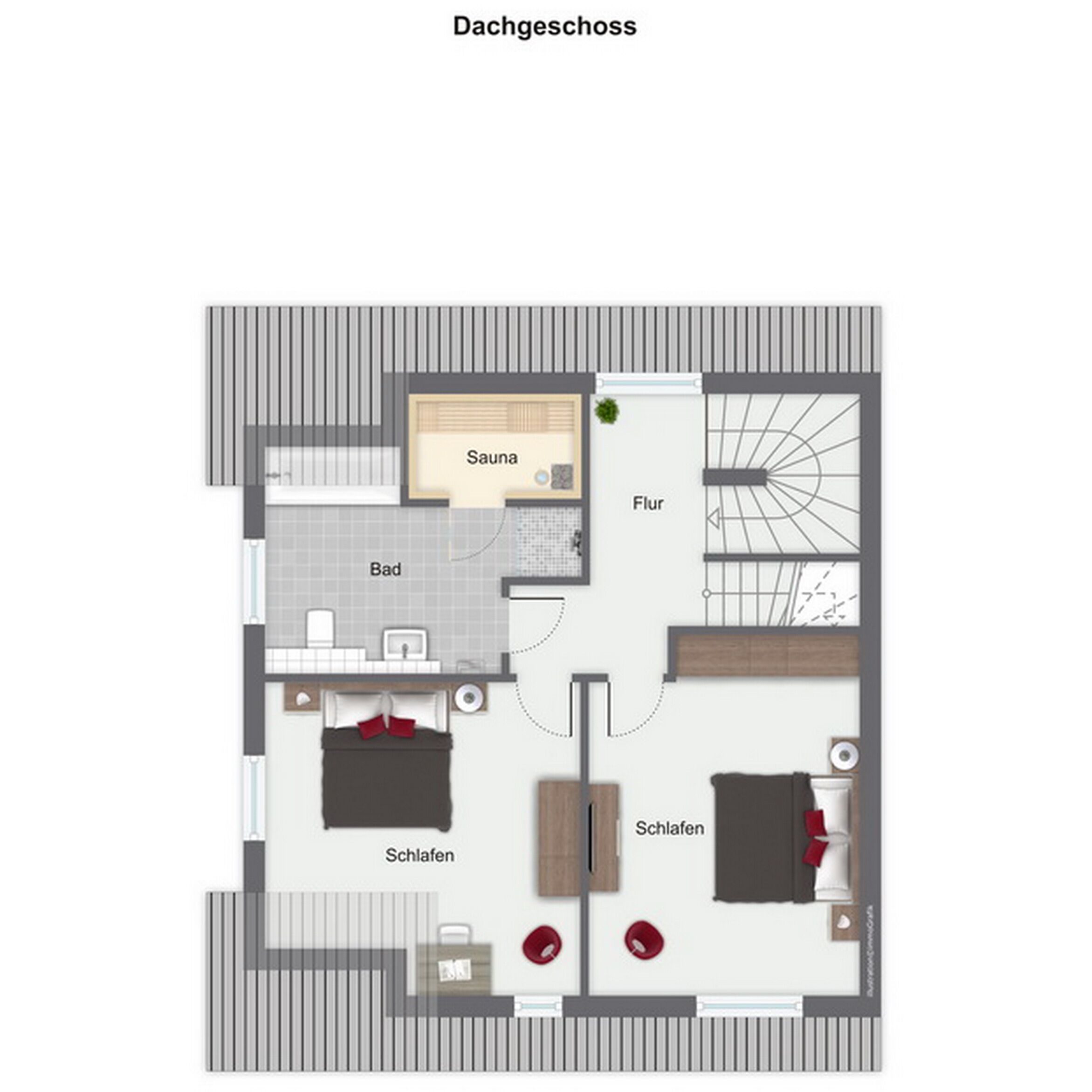 Grundriss eines Hotelzimmers mit Bad, Sauna, Wohnbereich und zwei Schlafzimmern.