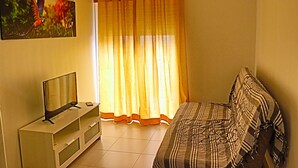 A living room with a flat-screen TV on a stand, a sofa, a patterned throw blanket, and a painting of a bird on the wall. - 1 bedroom apartment 200 meters from the beach (MONTE GORDO)