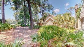 A house surrounded by a garden with various plants and trees.