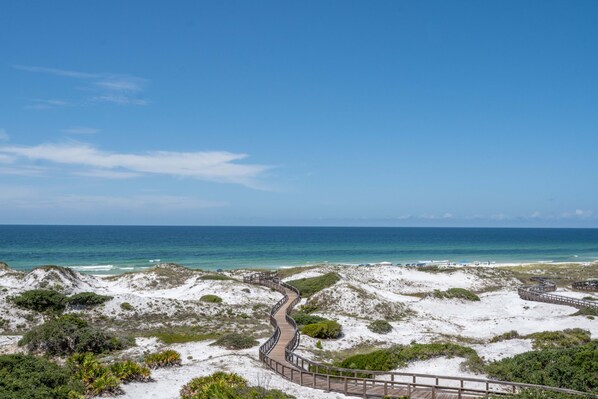 A coastal landscape with a winding wooden boardwalk leading to the beach.