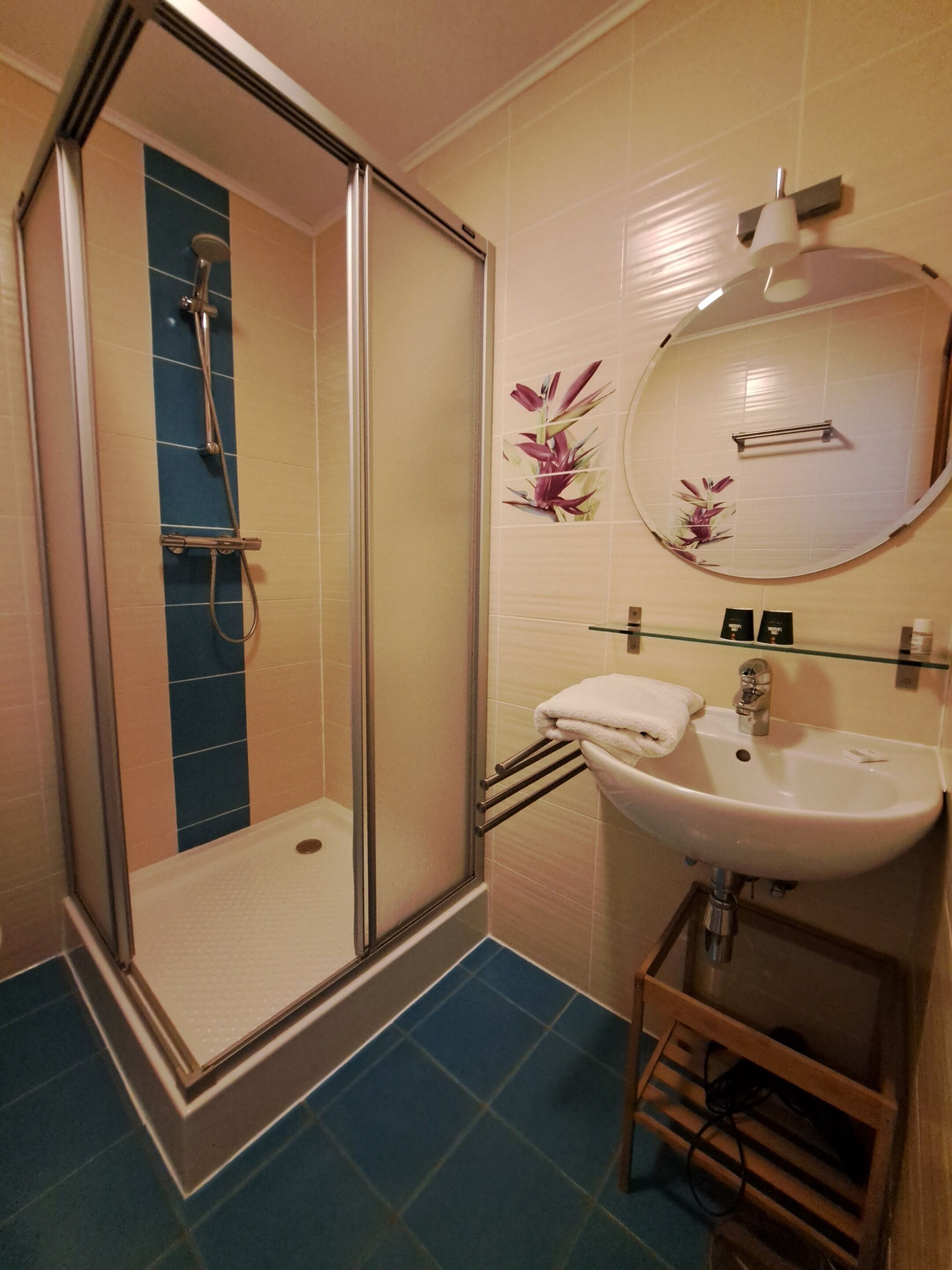 Une salle de bain avec une douche à parois de verre, un lavabo avec un miroir et des carreaux décoratifs sur les murs.