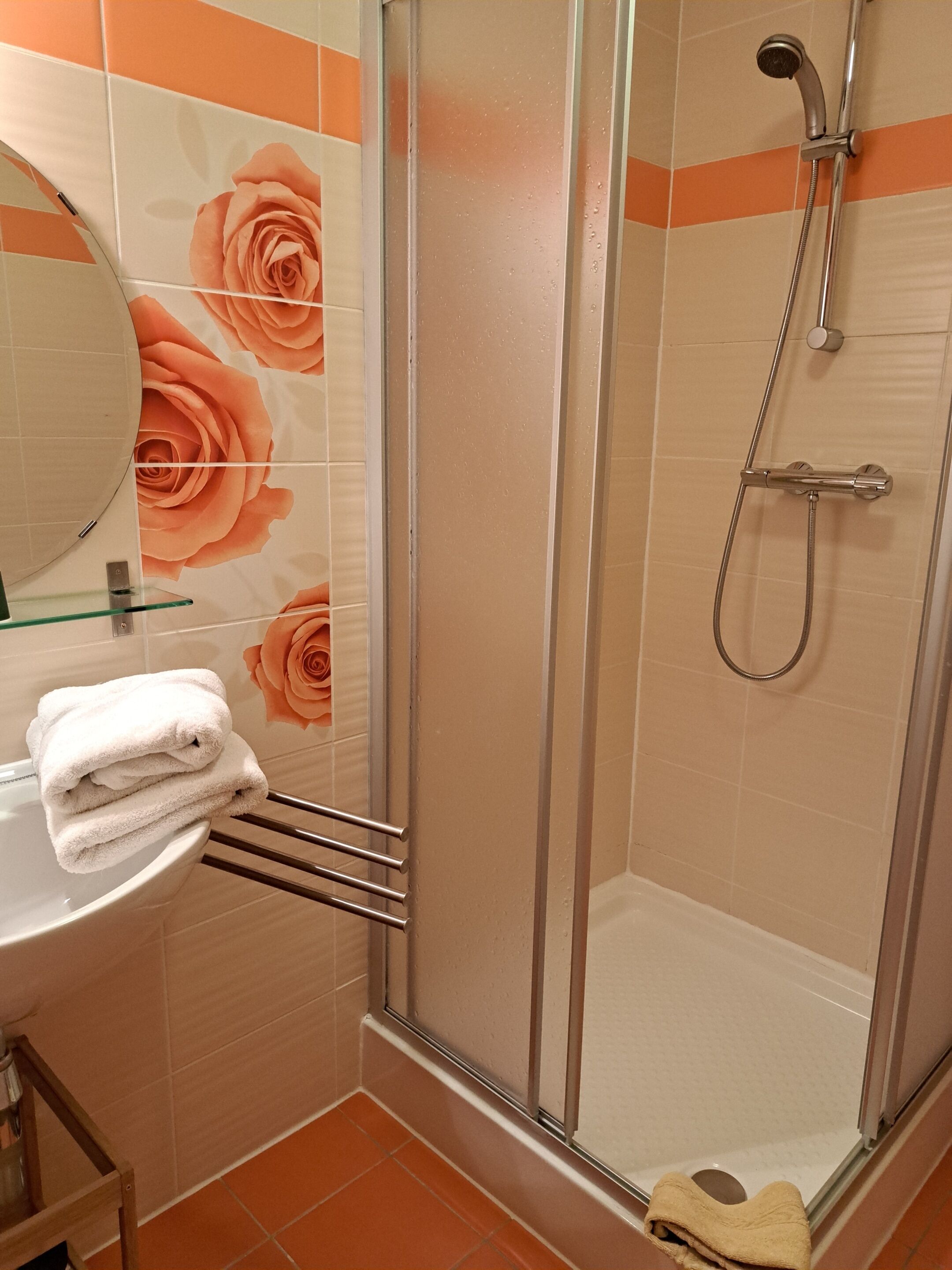 Een badkamer met een douchecabine van glas, een wastafel met spiegel en een handdoekrek.