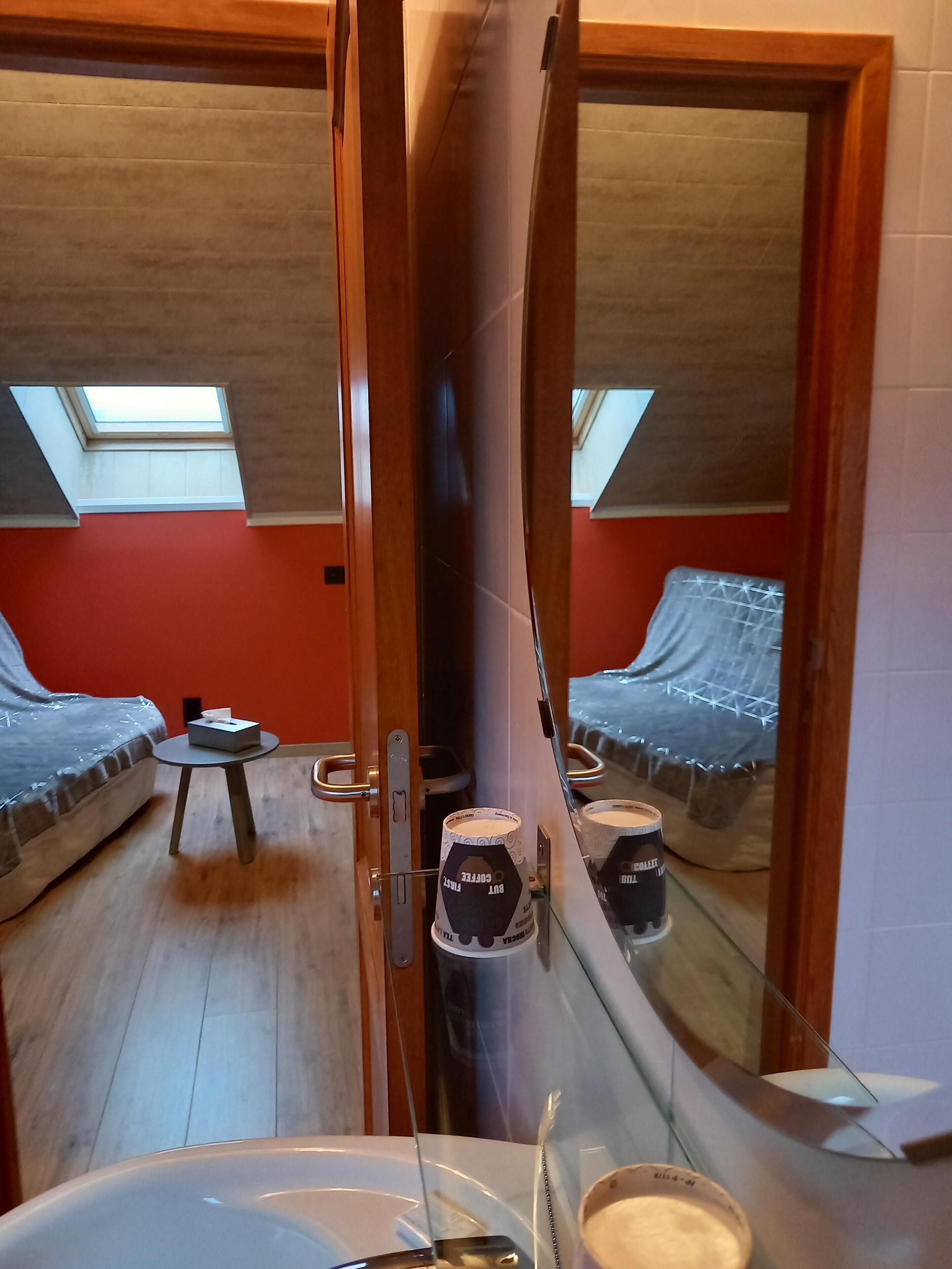 A narrow room with a skylight, a bed, a small table, and a mirror reflecting the room.