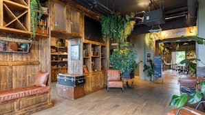 A rustic interior with wooden shelves, leather seating, and hanging plants.