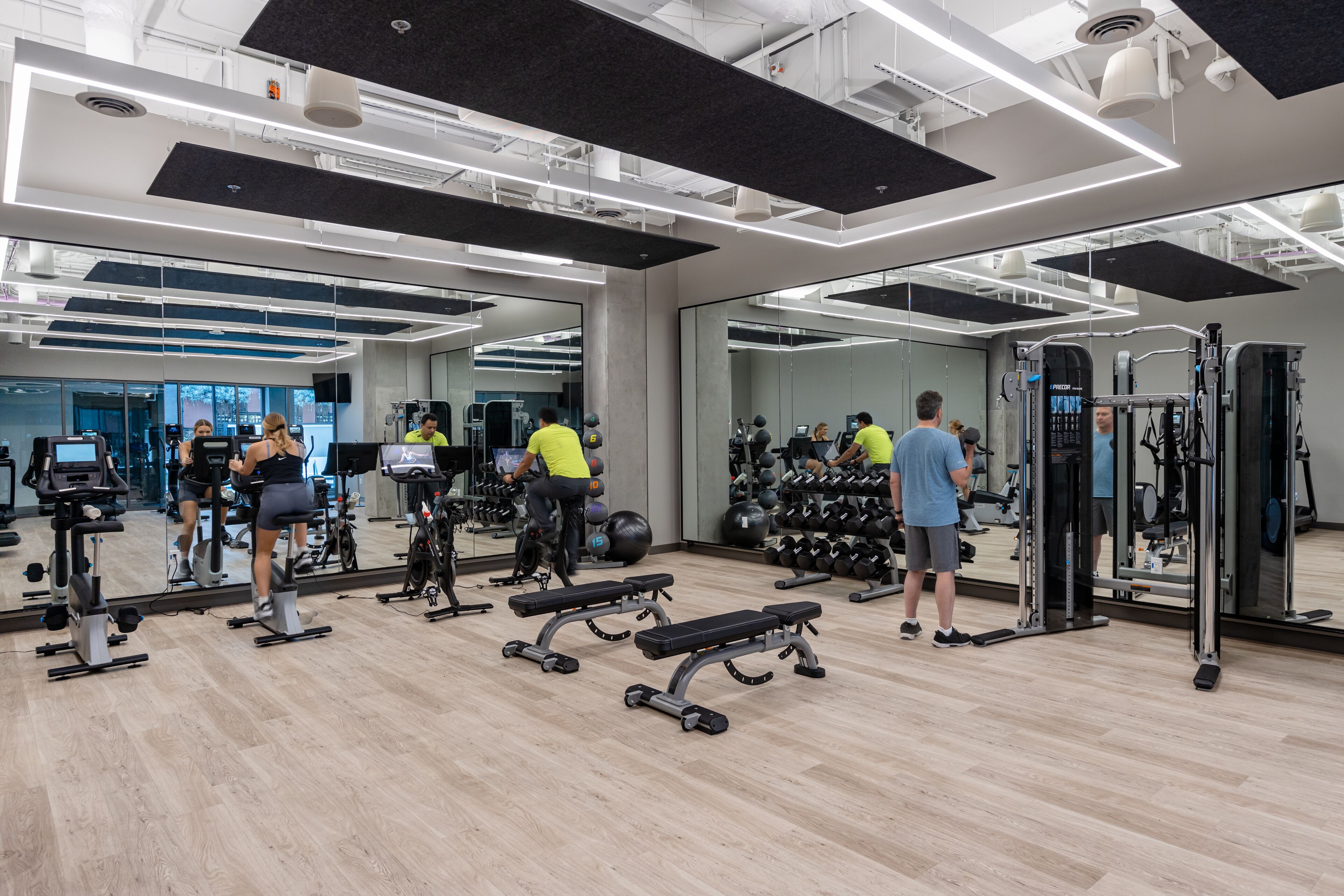 A modern gym with various exercise equipment, including treadmills, dumbbells, and weight machines.