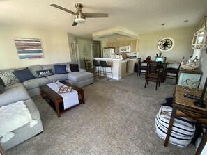 Smart TV, fireplace, books, stereo