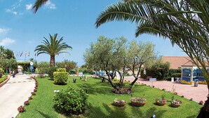 A well-maintained garden with various plants and a palm tree, a road with a pedestrian path, and a building with a tiled roof in the background. - Tropea Mare Pace Club (Tropea)