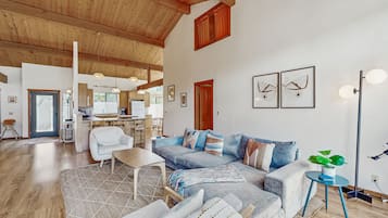 Télévision, cheminée, table de tennis de table, livres