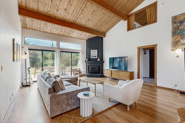 TV, fireplace, ping pong, books