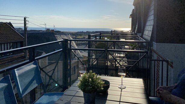 A balcony with a glass railing overlooking a cityscape, a potted plant, and a wine glass. - Appt terrasse vue mer, 2 chambres / Appt terrace sea view with 2 bedrooms (Trouville-sur-Mer)