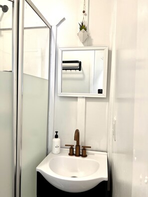 Dusche, umweltfreundliche Kosmetikartikel, Haartrockner, Handtücher