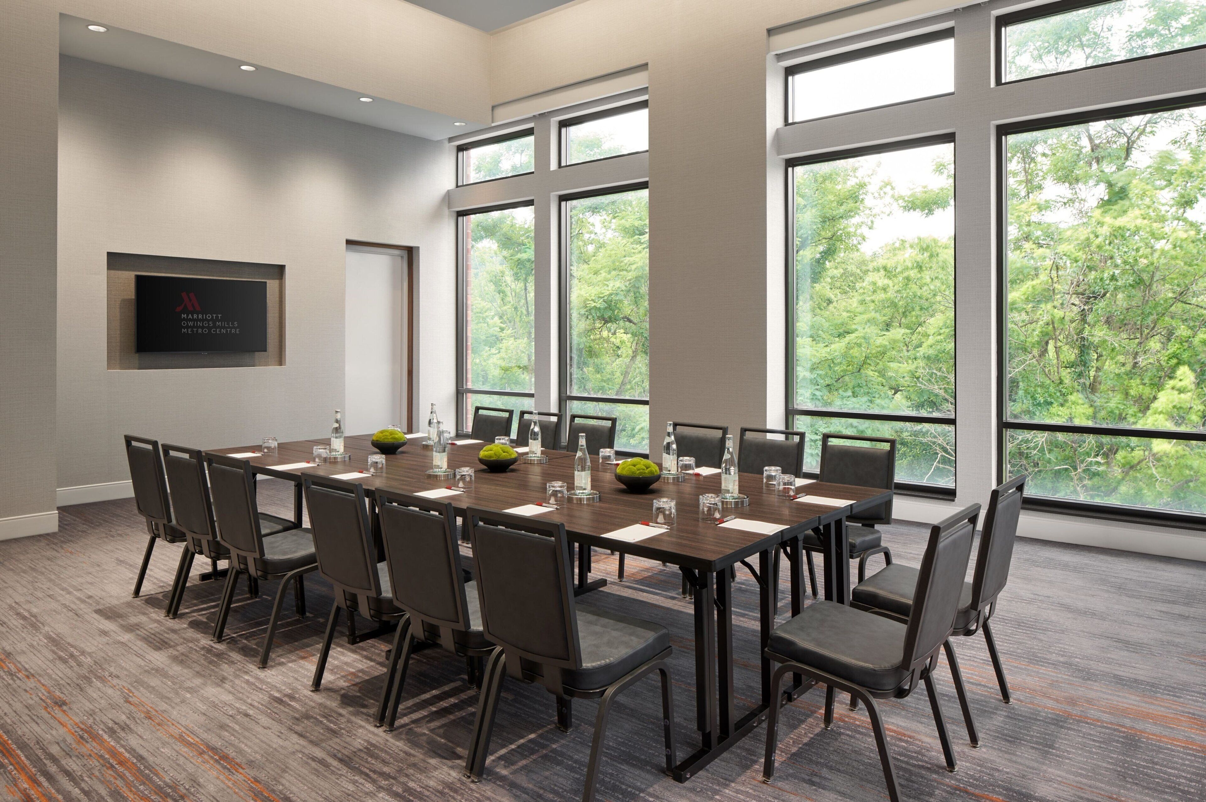 A conference room with a long table, chairs, and large windows offering a view of trees.