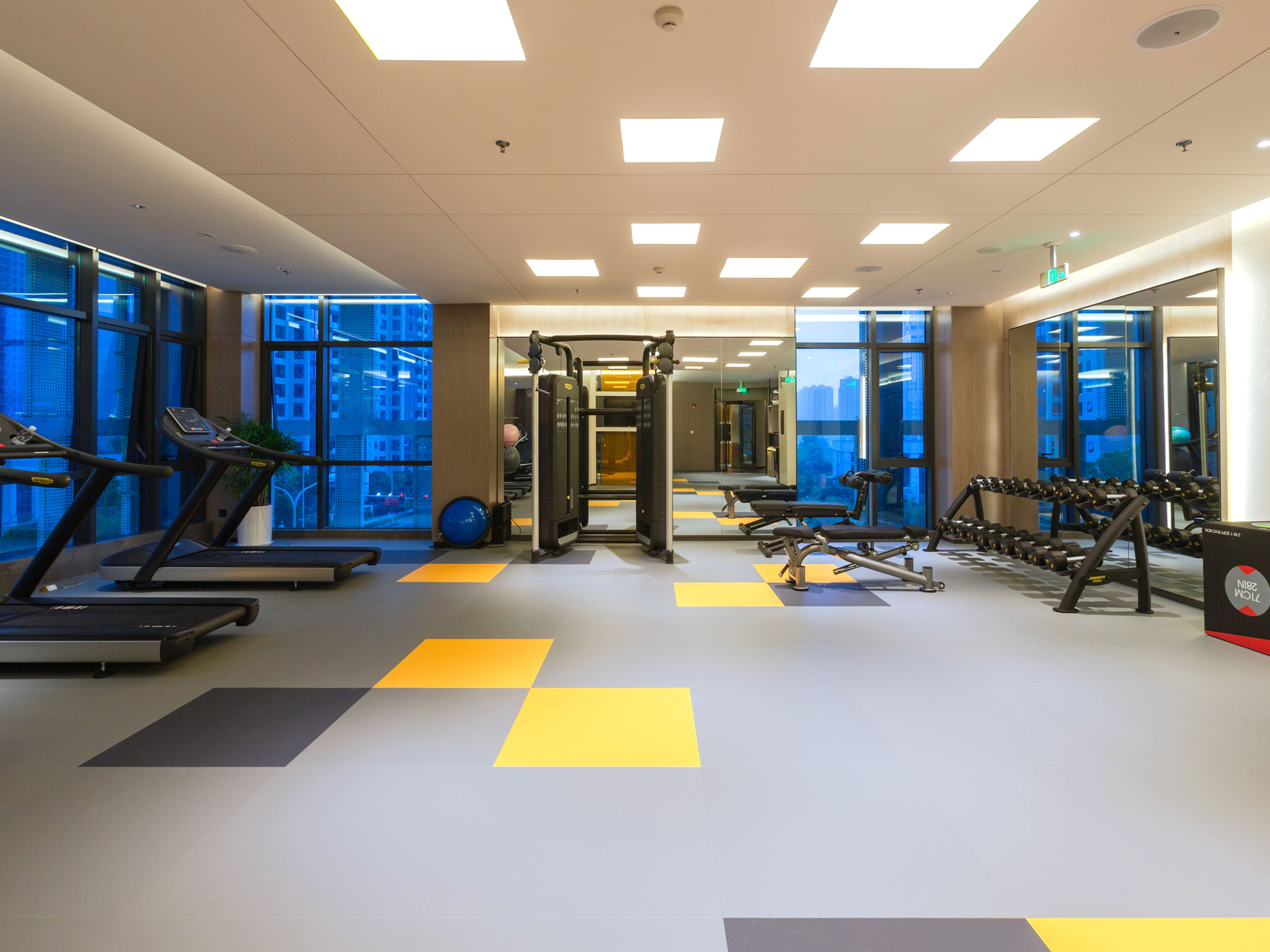 A modern gym with treadmills, weight machines, and a mirrored wall.