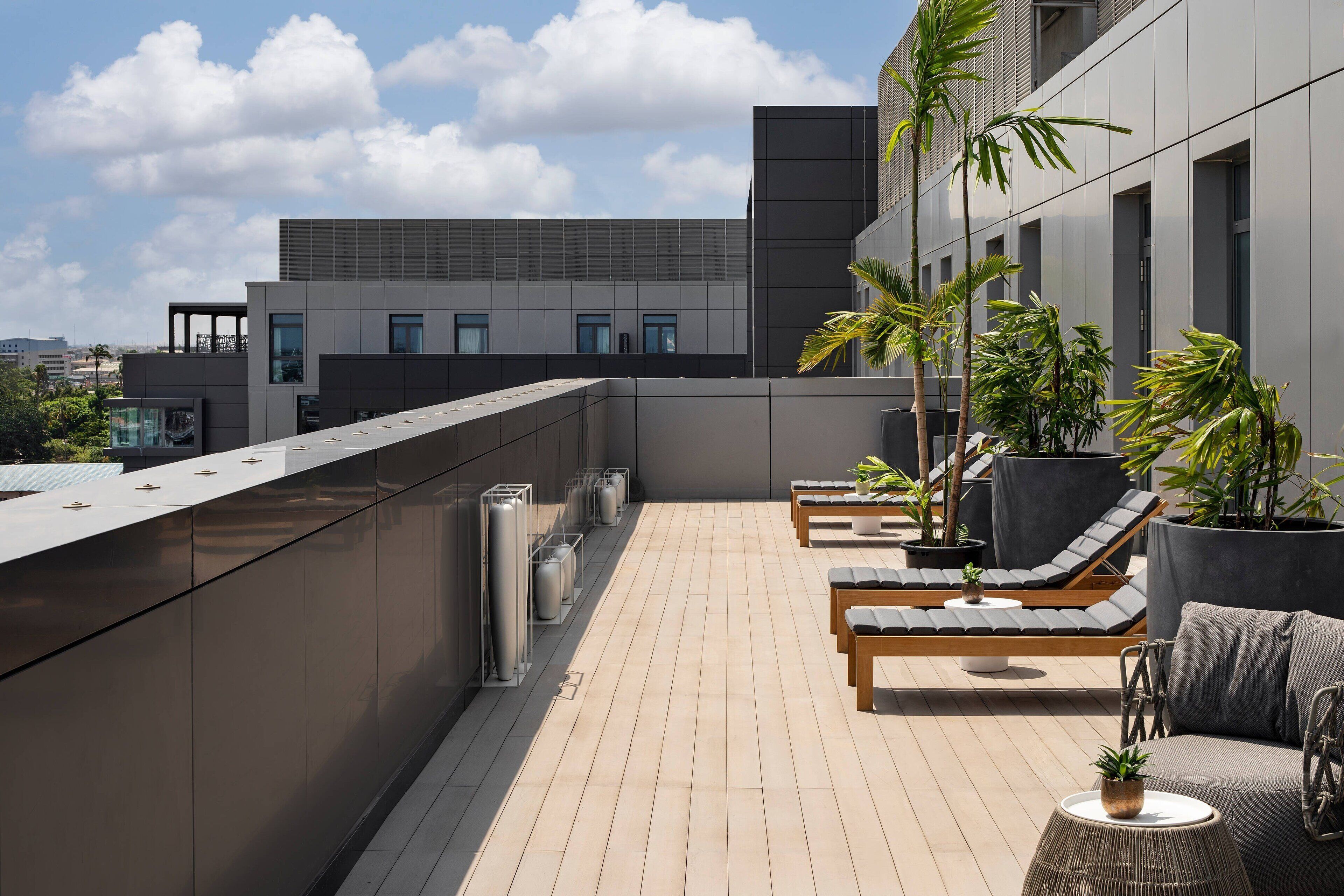 Une terrasse sur le toit, avec des chaises longues, des plantes en pot et un bâtiment moderne en arrière-plan.