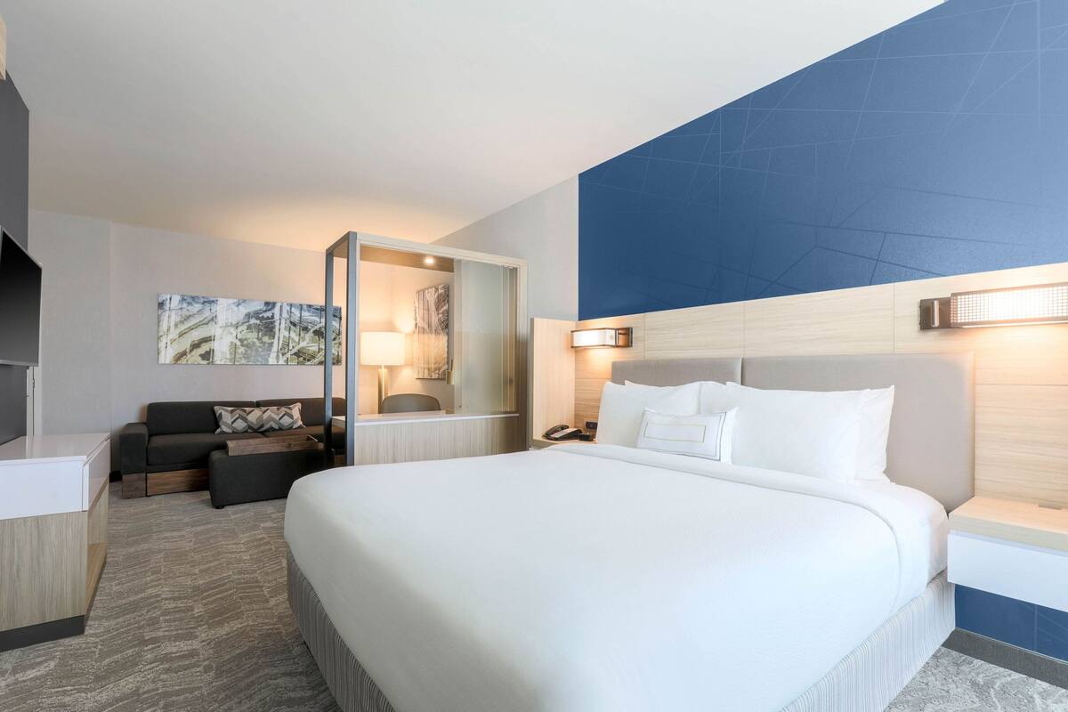 A hotel room with a large bed, a sofa, a desk, and a mirror.