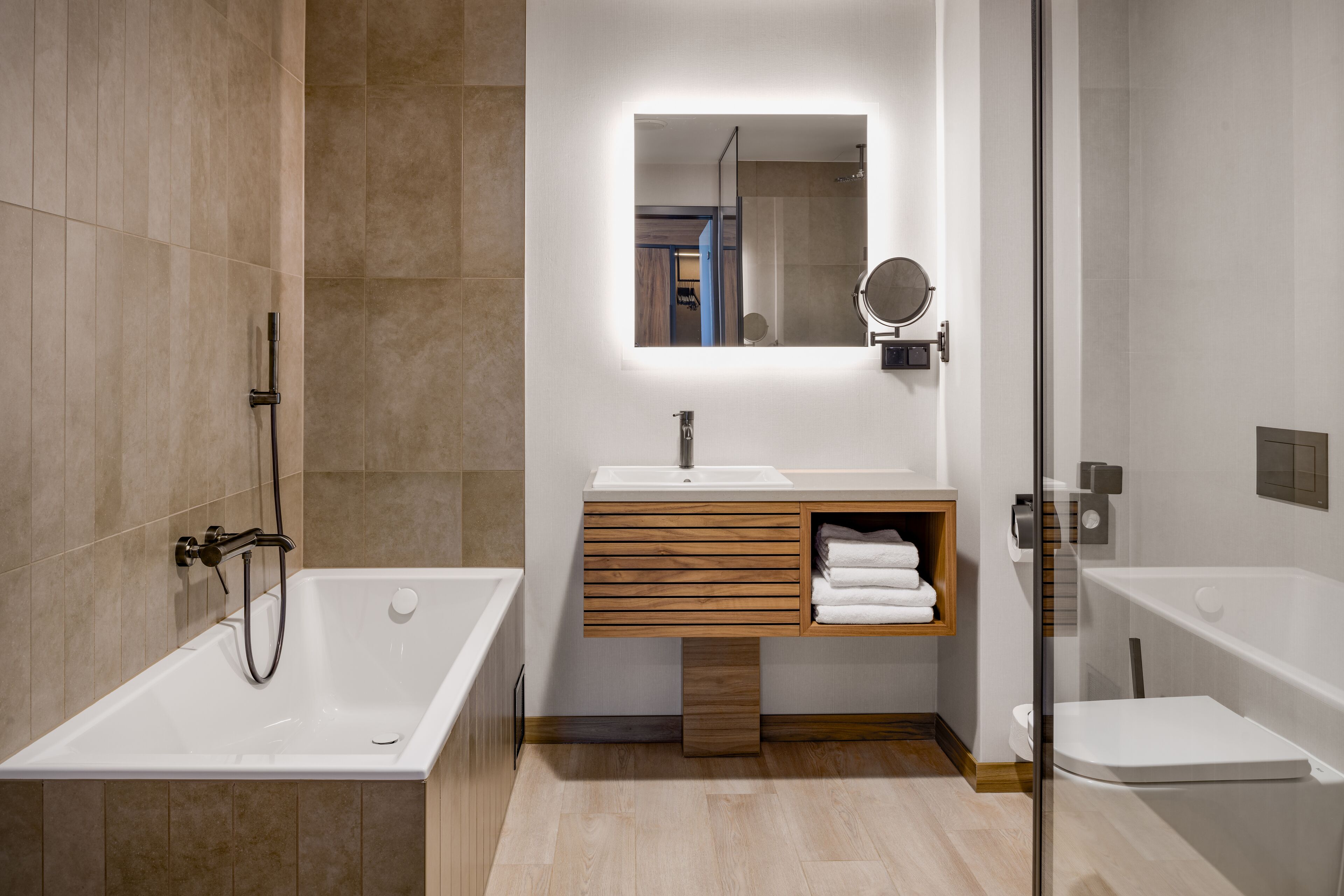 shower, rainfall showerhead, designer toiletries, towels